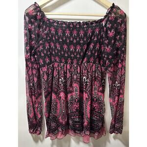 Y2K Boho Festival Fairy Floral Black Pink Smocked Top Sheer Lined Size XL